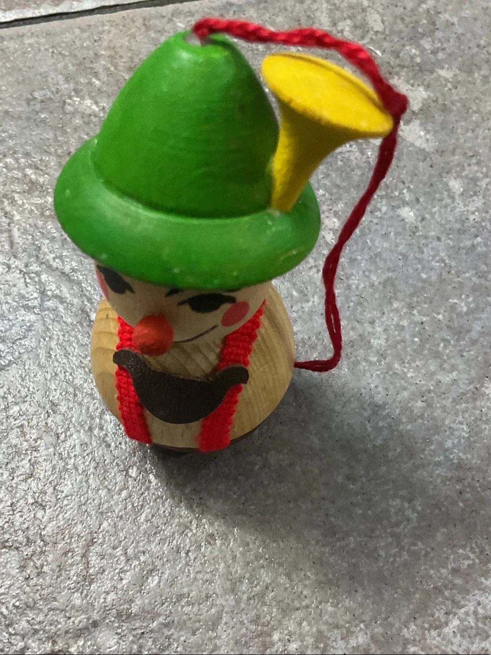 Wooden Clown Bell Toy - Green Hat, Yellow Horn made in Germany or West Germany